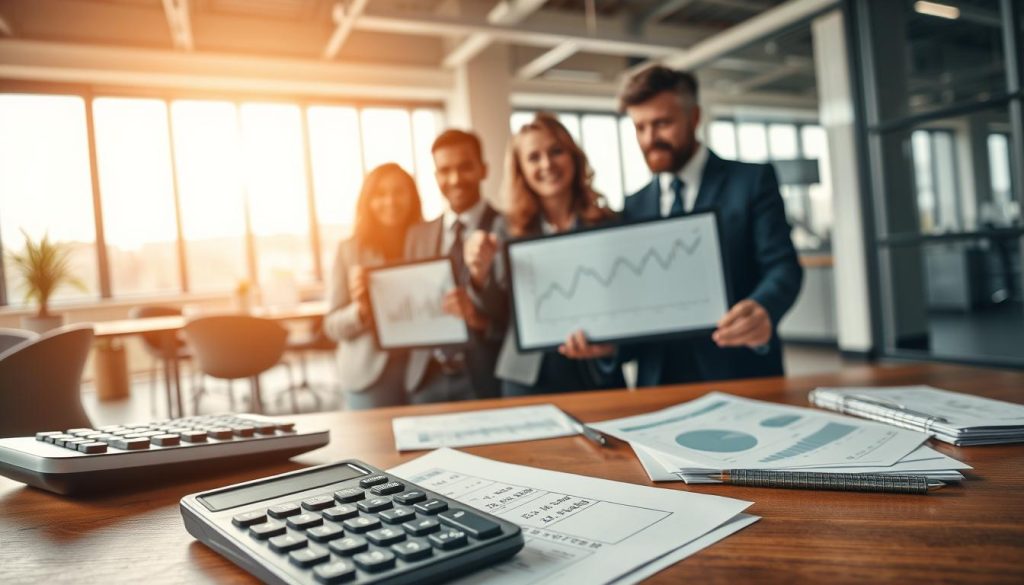 A detailed and informative scene depicting a professional setting focused on personal finance, showcasing various elements related to credit loan interest rates. In the foreground, a calculator and financial documents lay on a wooden desk, symbolizing careful calculations and analysis. In the middle ground, a diverse group of individuals in professional business attire are engaged in discussion, one pointing at charts showing fixed and floating interest rates on a digital tablet. In the background, a modern office space with large windows allowing natural light to flood in, creating a warm and optimistic atmosphere. The image should convey a sense of professionalism and thoughtful decision-making in finance, emphasizing the complexity of choosing credit loan options. Ensure the composition is well-lit with a focus on clarity and detail, capturing the seriousness of financial discussions.