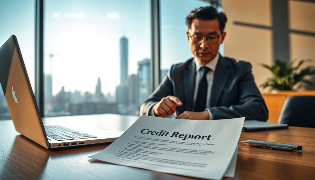 A detailed and informative scene depicting a "聯徵報告" within a modern office environment. In the foreground, an open document labeled "Credit Report" lies on a polished wooden desk, surrounded by a sleek laptop and a notepad with a pen, suggesting active analysis. The middle ground features a professional in business attire, a middle-aged Asian man, thoughtfully reviewing the report with a slight furrow of concentration on his brow. In the background, large windows reveal a city skyline bathed in soft, natural sunlight, casting gentle shadows across the room. The mood is analytical and focused, evoking a sense of responsibility and seriousness in understanding personal credit impact. The image should be bright and inviting, with a balance of warm and cool tones to emphasize professionalism and clarity.
