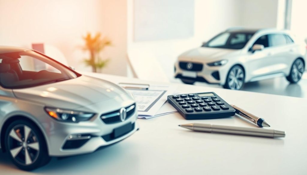 A detailed and informative scene depicting the concept of "Total Cost of Auto Loans." In the foreground, a sleek, modern car is parked, symbolizing the purchase. The middle ground features a calculator, financial documents, and a pen, illustrating the calculations needed to understand costs. In the background, a peaceful office environment with soft lighting sets a professional tone. The desk is organized, projecting clarity and focus. The scene captures a bright atmosphere, emphasizing the importance of financial literacy before making a car purchase. The angle is slightly elevated, providing an overview of the items, and the lighting is warm and inviting, creating a sense of reassurance and professionalism. A detailed and informative scene depicting the concept of "Total Cost of Auto Loans." In the foreground, a sleek, modern car is parked, symbolizing the purchase. The middle ground features a calculator, financial documents, and a pen, illustrating the calculations needed to understand costs. In the background, a peaceful office environment with soft lighting sets a professional tone. The desk is organized, projecting clarity and focus. The scene captures a bright atmosphere, emphasizing the importance of financial literacy before making a car purchase. The angle is slightly elevated, providing an overview of the items, and the lighting is warm and inviting, creating a sense of reassurance and professionalism.