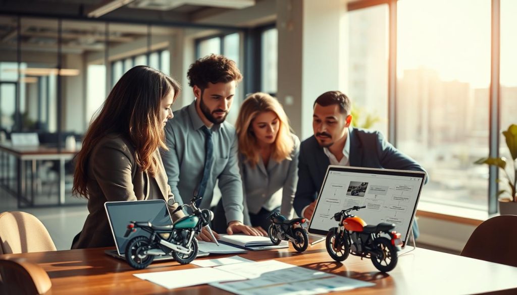 A detailed and informative visual representation of the "motorcycle loan process" in a professional setting. In the foreground, a diverse group of three individuals in business attire is engaged in a discussion around a table, examining a flowchart that illustrates the steps involved in obtaining a motorcycle loan. In the middle ground, an organized workspace with documents, a laptop displaying relevant information, and a small motorcycle model to emphasize the subject. In the background, a modern office environment with large windows allowing natural light to spill in, creating a bright and inviting atmosphere. The colors should be warm and professional, conveying a sense of trust and clarity. The image should capture a moment of collaboration and problem-solving, focusing on the nuances of navigating potential obstacles in the loan process. A detailed and informative visual representation of the "motorcycle loan process" in a professional setting. In the foreground, a diverse group of three individuals in business attire is engaged in a discussion around a table, examining a flowchart that illustrates the steps involved in obtaining a motorcycle loan. In the middle ground, an organized workspace with documents, a laptop displaying relevant information, and a small motorcycle model to emphasize the subject. In the background, a modern office environment with large windows allowing natural light to spill in, creating a bright and inviting atmosphere. The colors should be warm and professional, conveying a sense of trust and clarity. The image should capture a moment of collaboration and problem-solving, focusing on the nuances of navigating potential obstacles in the loan process.