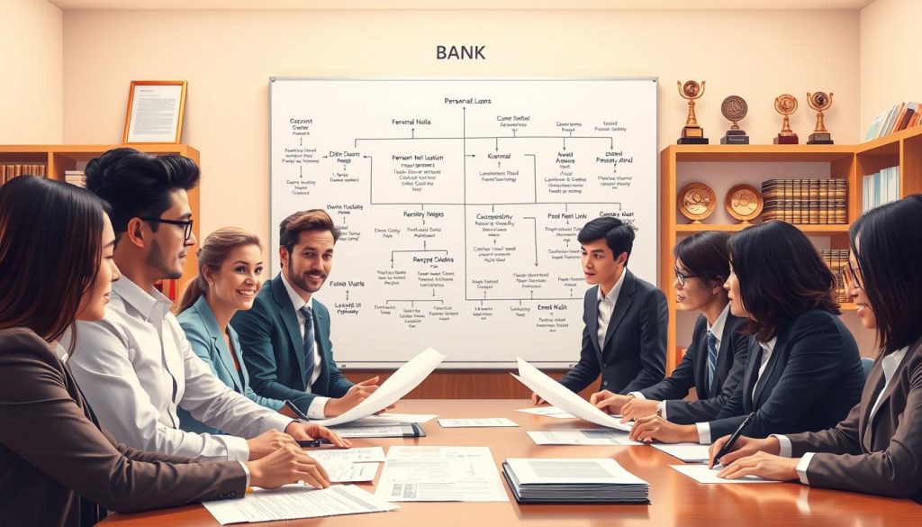 A detailed and organized illustration of a bank audit process for personal loans, showcasing a professional office environment. In the foreground, a diverse group of business professionals in formal attire is gathered around a conference table, discussing paperwork and financial documents, with expressions of concentration and engagement. In the middle ground, a large whiteboard displays flowcharts and process diagrams highlighting different stages of the bank's review process, including document verification and risk assessment. The background features shelves filled with financial books and awards, indicating a reputable institution. Use warm, soft lighting to create a professional and inviting atmosphere, and incorporate a wide-angle lens effect to give a sense of depth to the scene. The overall mood should convey diligence, expertise, and collaboration in navigating the complexities of the banking review process. A detailed and organized illustration of a bank audit process for personal loans, showcasing a professional office environment. In the foreground, a diverse group of business professionals in formal attire is gathered around a conference table, discussing paperwork and financial documents, with expressions of concentration and engagement. In the middle ground, a large whiteboard displays flowcharts and process diagrams highlighting different stages of the bank's review process, including document verification and risk assessment. The background features shelves filled with financial books and awards, indicating a reputable institution. Use warm, soft lighting to create a professional and inviting atmosphere, and incorporate a wide-angle lens effect to give a sense of depth to the scene. The overall mood should convey diligence, expertise, and collaboration in navigating the complexities of the banking review process.