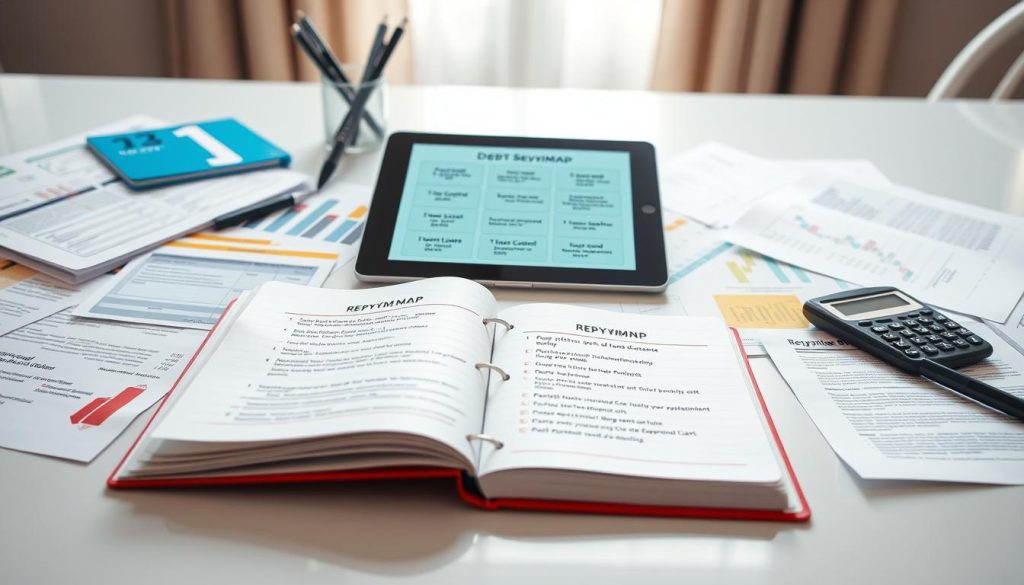 A detailed and organized "repayment map" laid out on a clean, modern desk, showcasing a variety of financial documents, including a list of debts such as credit card statements and personal loans. In the foreground, an open notebook filled with colorful charts and bullet points outlining strategies for debt repayment. In the middle, a digital tablet displaying a graphical repayment plan with clear steps, framed by pens and a calculator. In the background, soft, natural light filtering through a window creates a calm, focused atmosphere. The overall mood is productive and insightful, promoting financial clarity and planning. No text or people present in the image.