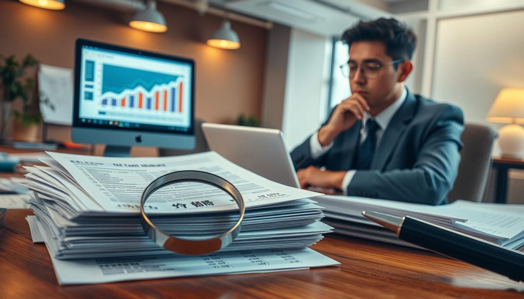 A detailed and organized scene depicting a symbolic interpretation of "信用紀錄" (credit history). In the foreground, a stack of financial documents and credit reports is scattered on a wooden table, with a magnifying glass emphasizing key terms like "遲繳" (late payment), "呆帳" (bad debt), and "協商" (negotiation). In the middle ground, a concerned individual in professional business attire, looking thoughtfully at a laptop screen displaying graphs and statistics of credit scores, embodies the stress of financial management. The background features a softly blurred office environment with warm overhead lighting, creating a serious yet hopeful atmosphere. The composition is shot from a slightly elevated angle, focusing on the documents and the individual's expression, capturing the weight of poor credit decisions and their consequences.