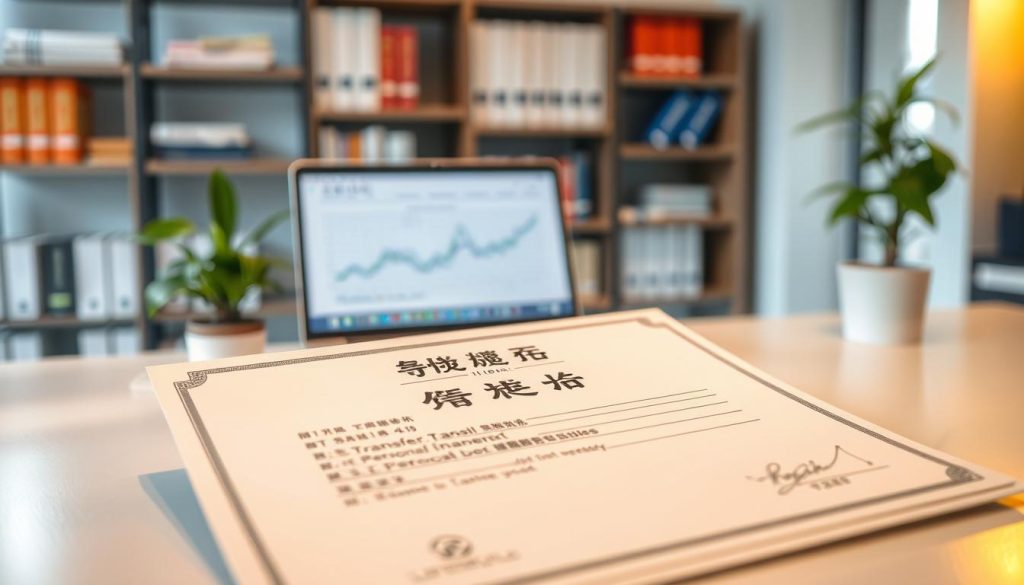 A detailed and professional image of a "薪轉證明" (salary transfer certificate), positioned in the foreground on a clean, modern desk. The certificate is prominently displayed with a focus on its official details, including a company logo and signature, but without any identifiable information. In the middle ground, there’s a laptop showing financial graphs and charts, symbolizing personal finance discussions. In the background, softly blurred, are shelves filled with financial books and a potted plant, creating an inviting atmosphere. The lighting is warm and inviting, with natural light streaming in from a nearby window, enhancing the professionalism of the scene. The overall mood conveys a sense of trust, stability, and financial responsibility.