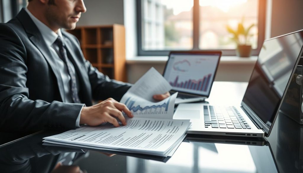 A detailed and professional scene depicting a financial verification process for loan approval. In the foreground, a business professional, dressed in formal attire, is sitting at a sleek desk, reviewing documents that symbolize financial stability, such as a bank statement and proof of income. The middle ground includes a laptop displaying financial graphs and charts, creating a focus on financial analysis. The background shows a window with natural light streaming in, illuminating the workspace and giving a sense of transparency and clarity. The atmosphere is serious and focused, reflecting the importance of financial responsibility and creditworthiness, with a slightly blurred office environment to emphasize the foreground. The lighting is soft yet bright, creating an inviting and professional ambiance. A detailed and professional scene depicting a financial verification process for loan approval. In the foreground, a business professional, dressed in formal attire, is sitting at a sleek desk, reviewing documents that symbolize financial stability, such as a bank statement and proof of income. The middle ground includes a laptop displaying financial graphs and charts, creating a focus on financial analysis. The background shows a window with natural light streaming in, illuminating the workspace and giving a sense of transparency and clarity. The atmosphere is serious and focused, reflecting the importance of financial responsibility and creditworthiness, with a slightly blurred office environment to emphasize the foreground. The lighting is soft yet bright, creating an inviting and professional ambiance.