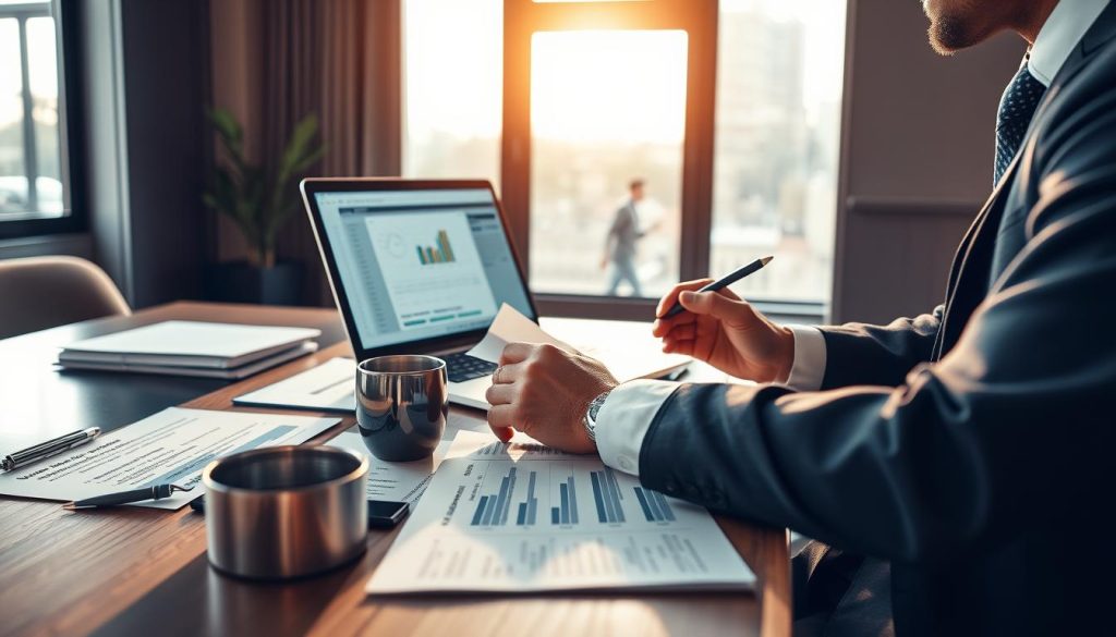 A detailed and professional workspace setting, featuring a person in business attire, sitting at a sleek desk with a laptop open, reviewing financial documents and notes. In the foreground, the individual is holding a pen, thoughtfully analyzing spreadsheets on the screen. The middle ground showcases an organized desk with a calculator, a coffee mug, and several charts outlining loan details. In the background, a large window allows natural light to illuminate the space, casting a warm, inviting glow. The mood is focused and serious, emphasizing the importance of financial planning and decision-making. Include soft shadows and a slight depth of field to draw attention to the person and their work.