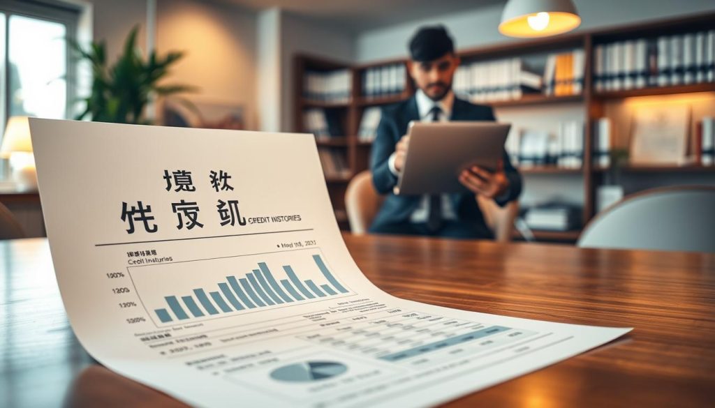 A detailed and realistic depiction of a financial document titled "聯徵查詢紀錄" prominently displayed on a sleek wooden desk. In the foreground, focus on the document with clear headings and graphs that represent credit history and loan inquiries. The middle ground features a professional person, dressed in business attire, using a laptop to analyze the document. The background shows a softly lit office environment with a potted plant and shelves filled with financial books. The lighting is warm and inviting, creating a focused and professional atmosphere. Capture this scene from a slightly elevated angle to provide depth, highlighting the importance of credit checks before motorcycle loan applications. A detailed and realistic depiction of a financial document titled "聯徵查詢紀錄" prominently displayed on a sleek wooden desk. In the foreground, focus on the document with clear headings and graphs that represent credit history and loan inquiries. The middle ground features a professional person, dressed in business attire, using a laptop to analyze the document. The background shows a softly lit office environment with a potted plant and shelves filled with financial books. The lighting is warm and inviting, creating a focused and professional atmosphere. Capture this scene from a slightly elevated angle to provide depth, highlighting the importance of credit checks before motorcycle loan applications.