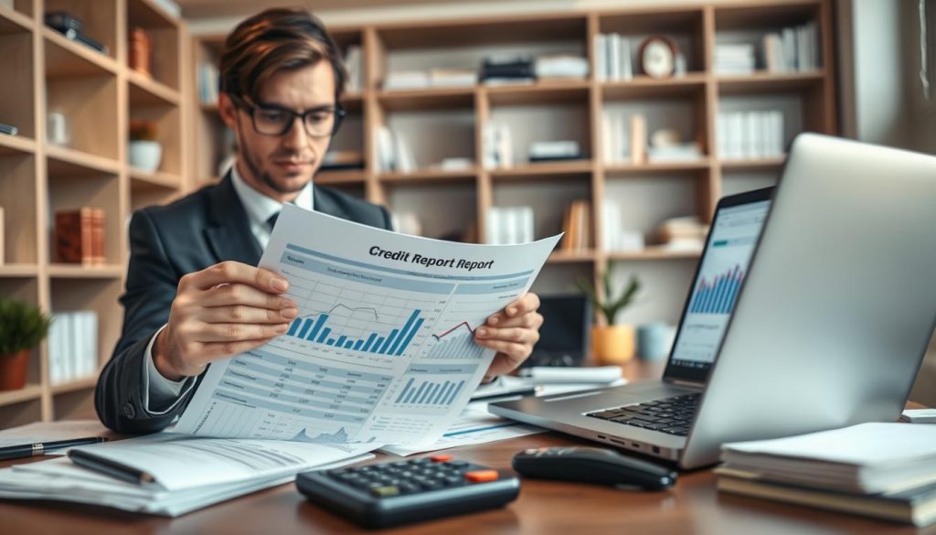 A detailed and visually compelling image illustrating the concept of "credit records" for a financial context. In the foreground, a professional-looking individual in business attire is analyzing a credit report, showcasing graphs and numerical data with a thoughtful expression. In the middle ground, a desk cluttered with financial documents, a calculator, and a laptop screen displaying a financial dashboard. The background features blurred shelves filled with finance books and soft ambient lighting to create a focused yet inviting atmosphere. The composition should evoke a sense of diligence and the importance of understanding credit history in banking. Use a wide-angle lens perspective to capture the workspace, emphasizing the details of the credit report and accessories.
