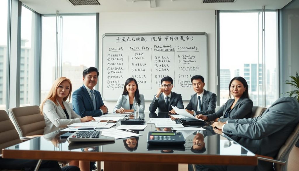 A detailed and visually engaging scene depicting the concept of "二胎費用" related to real estate financing. In the foreground, a diverse group of professional individuals, dressed in smart business attire, are seated around a sleek conference table filled with financial documents, spreadsheets, and a calculator, emphasizing the seriousness of calculating costs. In the middle ground, a large whiteboard displays flowcharts and bullet points regarding loan fees and services. The background features a modern office environment with large windows allowing natural light to pour in, highlighting the professionalism of the setting. The mood is serious yet collaborative, suggesting a mixture of determination and clarity as the individuals discuss and negotiate fees related to second home loans. The image should exude a sense of transparency and clarity in financial dealings. A detailed and visually engaging scene depicting the concept of "二胎費用" related to real estate financing. In the foreground, a diverse group of professional individuals, dressed in smart business attire, are seated around a sleek conference table filled with financial documents, spreadsheets, and a calculator, emphasizing the seriousness of calculating costs. In the middle ground, a large whiteboard displays flowcharts and bullet points regarding loan fees and services. The background features a modern office environment with large windows allowing natural light to pour in, highlighting the professionalism of the setting. The mood is serious yet collaborative, suggesting a mixture of determination and clarity as the individuals discuss and negotiate fees related to second home loans. The image should exude a sense of transparency and clarity in financial dealings.