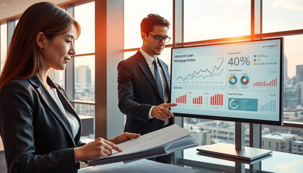 A detailed and visually engaging scene illustrating the concept of "二胎利率" (secondary mortgage interest rates). In the foreground, a professional woman in business attire is analyzing a set of documents with graphs and numbers. In the middle, a financial advisor wearing a suit is pointing at a digital screen displaying interest rate trends and infographics related to mortgage loans. The background features a modern office setting with large windows showing a cityscape, bathed in soft, natural light to create an optimistic atmosphere. Use a slightly tilted angle to add dynamism to the composition. The overall mood should be professional yet accessible, focused on financial literacy and informed decision-making.