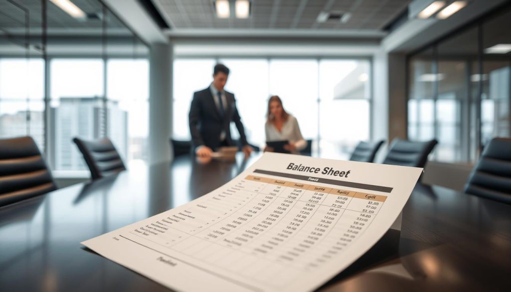 A detailed and visually informative image of a balance sheet titled "資產負債表" (Balance Sheet) prominently displayed on a sleek conference table. The image features layers: in the foreground, a well-organized balance sheet filled with figures and labeled sections for assets, liabilities, and equity; in the middle ground, a pair of professional business individuals in modest attire engaged in a discussion, analyzing the sheet; and in the background, a modern office space with large windows, natural light flooding in, adding a bright and optimistic atmosphere. The lens captures a slight depth of field to keep the focus on the balance sheet while the office environment subtly blurs, enhancing the sense of professionalism and clarity.