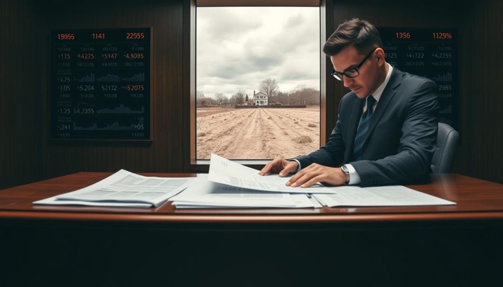 A detailed and vivid representation of a bank's assessment process focusing on the liquidity of collateral. In the foreground, showcase a professional banker, dressed in a tailored suit, analyzing property documents on a sleek mahogany desk. The middle ground features a large window displaying a barren piece of land, symbolizing a property without buildings, with overcast skies, highlighting the difficulty of securing loans. In the background, a digital display board shows fluctuating interest rates, adding to the financial atmosphere of the setting. The lighting is soft and diffused, creating a serious yet contemplative mood, with a focus on the banker’s concentration and the uncertainty of the land's value. The scene should convey a sense of professionalism and the complexities of collateral valuation in lending.
