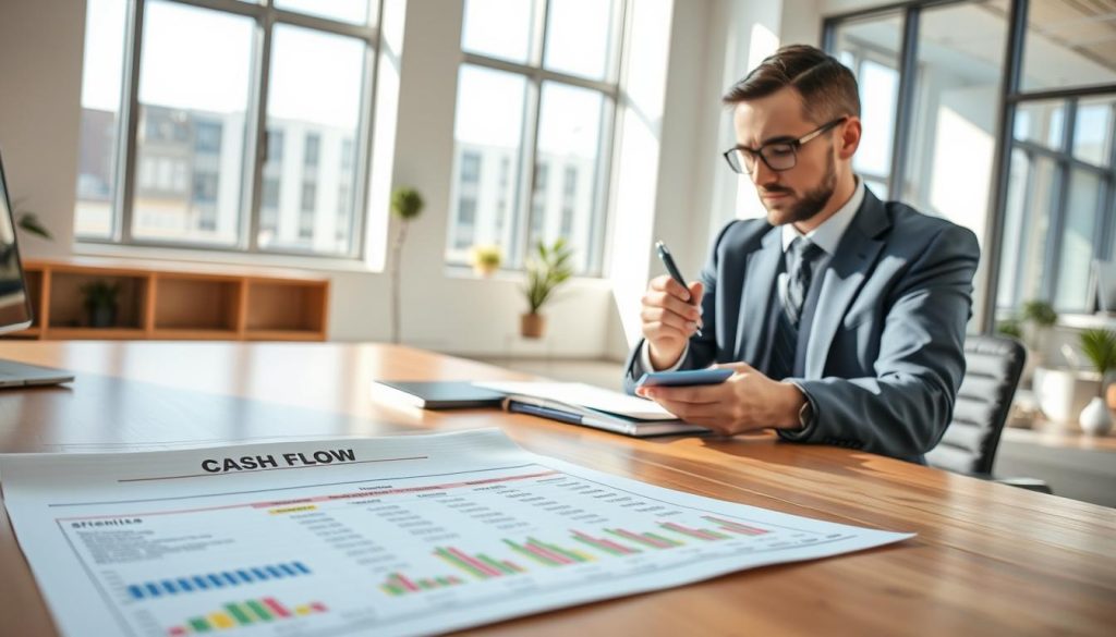 A detailed cash flow statement titled "現金流表" is prominently displayed on a sleek wooden desk in a bright, modern office. The foreground features the statement filled with colorful graphs and figures, illustrating inflows and outflows in bold, clearly visible print. In the middle ground, a focused individual in business attire reviews the document with a thoughtful expression, holding a pen and jotting notes on a notepad. In the background, large windows allow natural light to flood the room, casting soft shadows and enhancing the professional atmosphere. The overall mood is one of determination and strategic planning, with a clean, organized workspace that conveys clarity and focus.