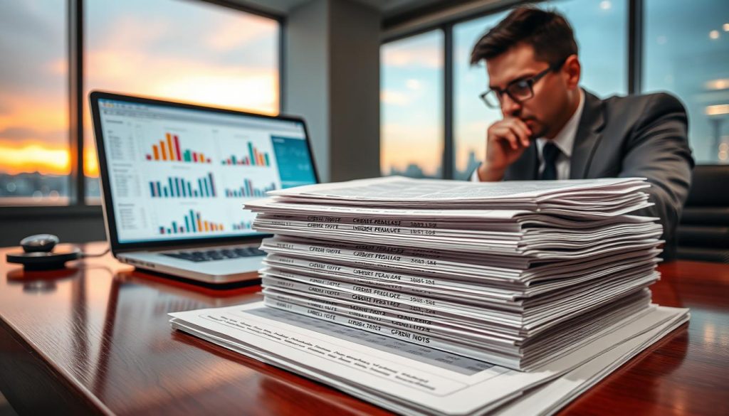 A detailed close-up of a financial report showcasing the concept of "聯徵查詢次數" (credit inquiry frequency). In the foreground, a professional-looking person in business attire is intently reviewing the report on a polished wooden desk, with a laptop displaying charts and graphs reflecting credit scores. The middle layer features a stacked array of paper forms labeled with various financial institutions and dates of inquiries, emphasizing the frequency of applications. In the background, soft lighting illuminates an office environment, with a large window revealing a cityscape at dusk, creating an atmosphere of contemplation and concern about financial stability. The overall mood is serious and focused, capturing the essence of financial decision-making.