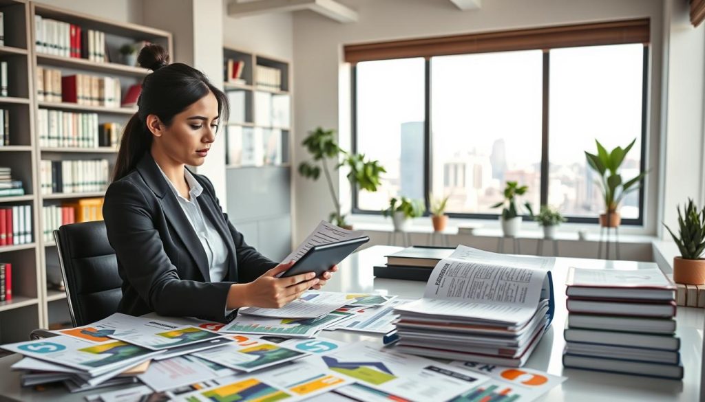 A detailed comparison of personal loan options, visually represented in a modern and organized office setting. In the foreground, a professional-looking woman, dressed in smart business attire, is sitting at a sleek desk cluttered with colorful brochures and charts detailing different loan rates and terms. She is thoughtfully analyzing the documents with a tablet open beside her, displaying comparative graphs. In the middle ground, a large window reveals a bright cityscape, symbolizing hope and opportunity. The background features bookshelves filled with finance and business books, alongside potted plants for a touch of warmth. Soft natural lighting filters through the window, creating a calm and focused atmosphere, perfect for financial decision-making. The overall mood should evoke diligence and empowerment, capturing the essence of informed loan comparison. A detailed comparison of personal loan options, visually represented in a modern and organized office setting. In the foreground, a professional-looking woman, dressed in smart business attire, is sitting at a sleek desk cluttered with colorful brochures and charts detailing different loan rates and terms. She is thoughtfully analyzing the documents with a tablet open beside her, displaying comparative graphs. In the middle ground, a large window reveals a bright cityscape, symbolizing hope and opportunity. The background features bookshelves filled with finance and business books, alongside potted plants for a touch of warmth. Soft natural lighting filters through the window, creating a calm and focused atmosphere, perfect for financial decision-making. The overall mood should evoke diligence and empowerment, capturing the essence of informed loan comparison.