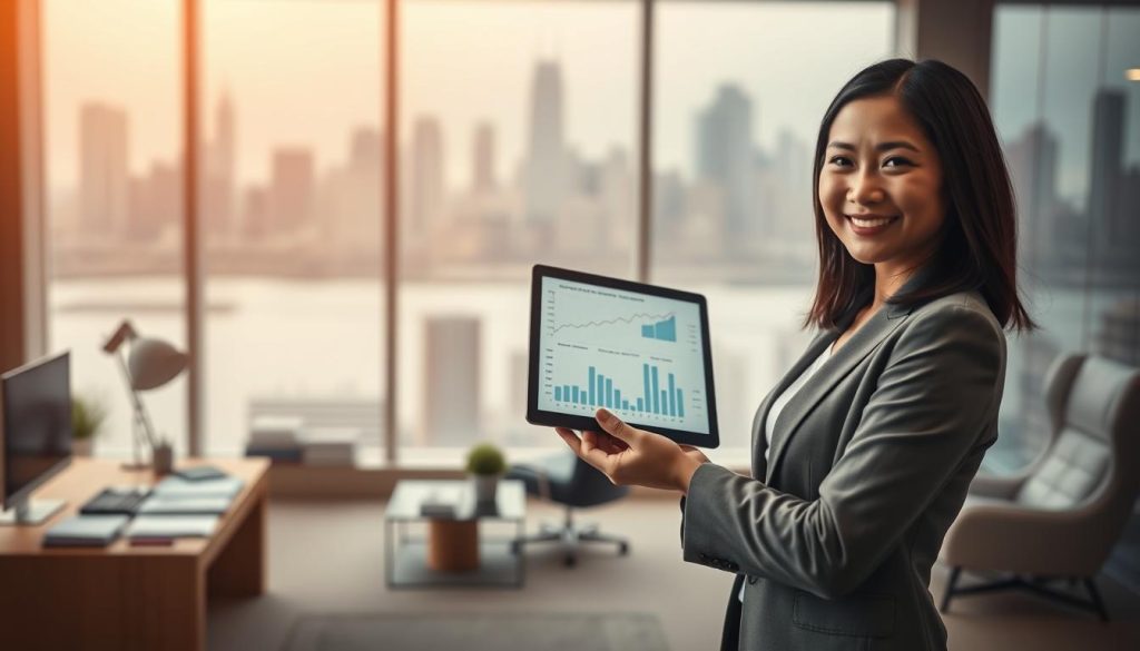 A detailed depiction of a financial concept focusing on "Second Mortgage" or "二順位抵押權". In the foreground, show a professional-looking Asian woman in business attire, standing confidently with a tablet displaying charts and graphs about loans. In the middle ground, depict a large, well-designed office space with modern furniture, a desk cluttered with paperwork, and a window overlooking a city skyline, symbolizing financial success. In the background, include blurred silhouettes of buildings, emphasizing an urban setting. Use warm, ambient lighting to create a positive and optimistic mood, while ensuring the scene is well-composed with a focus on the woman and the tablet. The angle should be slightly angled up to convey empowerment and upward financial mobility. A detailed depiction of a financial concept focusing on "Second Mortgage" or "二順位抵押權". In the foreground, show a professional-looking Asian woman in business attire, standing confidently with a tablet displaying charts and graphs about loans. In the middle ground, depict a large, well-designed office space with modern furniture, a desk cluttered with paperwork, and a window overlooking a city skyline, symbolizing financial success. In the background, include blurred silhouettes of buildings, emphasizing an urban setting. Use warm, ambient lighting to create a positive and optimistic mood, while ensuring the scene is well-composed with a focus on the woman and the tablet. The angle should be slightly angled up to convey empowerment and upward financial mobility.