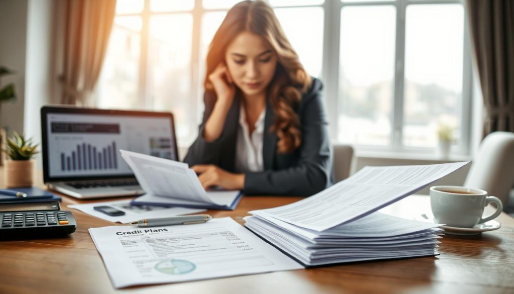A detailed financial checklist on a wooden desk, with a calculator, pen, and a neatly arranged stack of papers, showcasing various financial documents like credit statements and budget plans. In the foreground, a focused professional woman in business attire, reviewing her checklist, her expression thoughtful and determined. The middle layer includes a blurred financial report on a laptop screen and a cup of coffee radiating warmth. The background features large windows with soft, natural light streaming in, creating an inviting, calm atmosphere. Overall, the scene conveys a sense of financial responsibility and preparation, emphasizing focus and clarity in personal finance management.