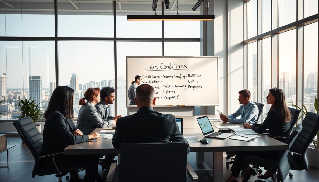 A detailed financial office scene illustrating the concept of second mortgage loan conditions. In the foreground, a diverse group of professional individuals in business attire are engaged in a discussion around a sleek conference table covered with financial documents and a laptop displaying graphs. The middle layer features a large whiteboard with key loan criteria such as "Credit Score," "Income Verification," and "Debt-to-Income Ratio" written in bold, clear handwriting. In the background, large windows let in natural light, creating a warm and inviting atmosphere while cityscape views are visible. The overall mood is focused and professional, emphasizing the importance of understanding the differences between banking and private second mortgage loans. Use soft yet bright lighting to enhance the clarity and details of the scene. A detailed financial office scene illustrating the concept of second mortgage loan conditions. In the foreground, a diverse group of professional individuals in business attire are engaged in a discussion around a sleek conference table covered with financial documents and a laptop displaying graphs. The middle layer features a large whiteboard with key loan criteria such as "Credit Score," "Income Verification," and "Debt-to-Income Ratio" written in bold, clear handwriting. In the background, large windows let in natural light, creating a warm and inviting atmosphere while cityscape views are visible. The overall mood is focused and professional, emphasizing the importance of understanding the differences between banking and private second mortgage loans. Use soft yet bright lighting to enhance the clarity and details of the scene.
