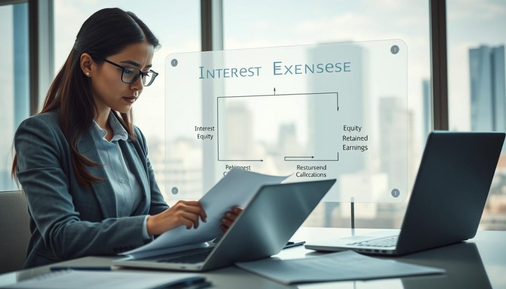 A detailed financial scene depicting the concept of "interest expense" in a corporate setting. In the foreground, a female financial analyst in professional business attire, intently analyzing financial documents with calculations on a laptop. The middle ground features a translucent whiteboard displaying a flow chart illustrating the gradual impact of interest expenses on equity and retained earnings. In the background, a modern office space with large windows showing a city skyline, filled with natural light highlighting the analyst's focused expression. A soft, professional atmosphere conveys a sense of diligence and precision, emphasizing the analytical nature of financial reporting. Shot from a slight angle to capture both the analyst's concentration and the illustrative board.