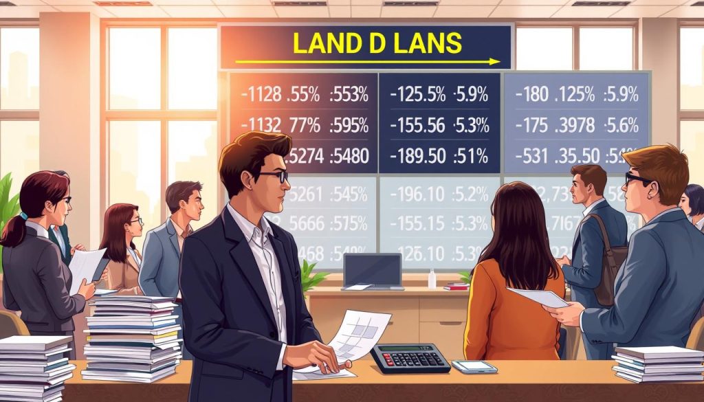 A detailed illustration depicting a busy bank office setting related to land loan interest rates. In the foreground, a diverse group of professional individuals in business attire are engaged in a discussion over loan applications, surrounded by stacks of paperwork and a calculator. In the middle ground, a large digital display board shows various interest rates, with fluctuating percentages highlighted, symbolizing the differences among banks. The background features large windows letting in warm sunlight, creating a welcoming atmosphere. The image captures a sense of urgency and professionalism, with an overall calm yet serious mood, emphasizing the importance of understanding the varying conditions of land loan interest rates. Soft focus background to enhance the foreground characters' interaction. A detailed illustration depicting a busy bank office setting related to land loan interest rates. In the foreground, a diverse group of professional individuals in business attire are engaged in a discussion over loan applications, surrounded by stacks of paperwork and a calculator. In the middle ground, a large digital display board shows various interest rates, with fluctuating percentages highlighted, symbolizing the differences among banks. The background features large windows letting in warm sunlight, creating a welcoming atmosphere. The image captures a sense of urgency and professionalism, with an overall calm yet serious mood, emphasizing the importance of understanding the varying conditions of land loan interest rates. Soft focus background to enhance the foreground characters' interaction.