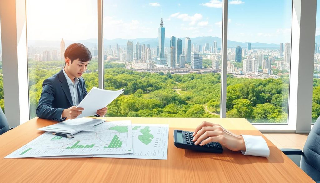 A detailed illustration depicting land valuation in Taiwan. In the foreground, a professional in business attire analyzes documents and a calculator, surrounded by blueprints and property maps on a smooth wooden table. The middle ground features a digital display showcasing graphs and statistics related to land pricing, highlighting trending market values. The background is a bright office environment with large windows showing a panoramic view of Taipei’s skyline, with lush greenery below contrasting with urban development. Natural sunlight pours in, casting soft shadows and creating a professional yet inviting atmosphere. The overall mood is analytical and focused, embodying the concept of assessing land value comprehensively. A detailed illustration depicting land valuation in Taiwan. In the foreground, a professional in business attire analyzes documents and a calculator, surrounded by blueprints and property maps on a smooth wooden table. The middle ground features a digital display showcasing graphs and statistics related to land pricing, highlighting trending market values. The background is a bright office environment with large windows showing a panoramic view of Taipei’s skyline, with lush greenery below contrasting with urban development. Natural sunlight pours in, casting soft shadows and creating a professional yet inviting atmosphere. The overall mood is analytical and focused, embodying the concept of assessing land value comprehensively.