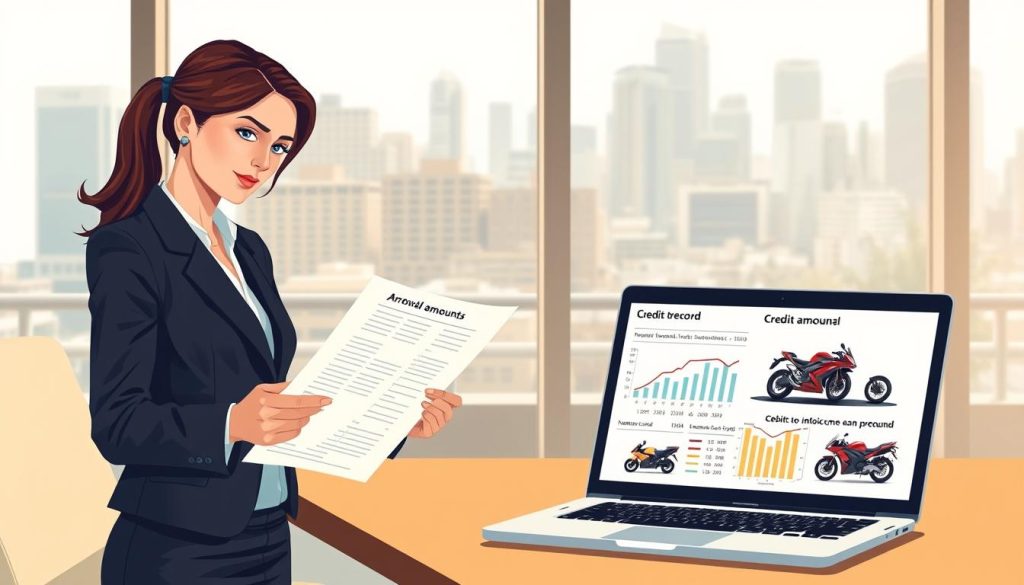 A detailed illustration depicting "motorcycle loan approval amounts" in a business context. In the foreground, a confident professional woman in business attire reviews financial documents, highlighting her credit record. The middle ground features a laptop displaying graphs and charts about loan amounts, with images of motorcycles subtly integrated into the design. In the background, a modern office setting includes a cityscape view through large windows, bathed in natural light. The atmosphere is informative and focused, conveying the significance of credit records and debt-to-income ratio in loan approval. The overall color palette is professional, with warm tones to create a welcoming yet serious mood. The composition should be clean and organized, emphasizing clarity and insight.
