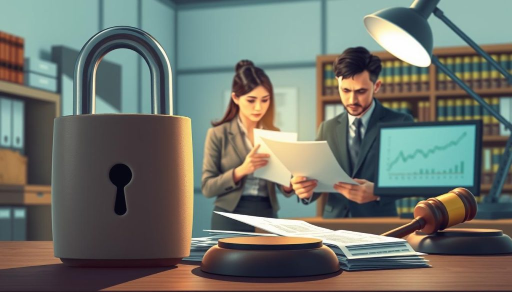 A detailed illustration depicting “限制登記” (restricted registration) in the context of real estate. In the foreground, a large, closed lock symbolizes restrictions, surrounded by legal documents and a gavel, indicating the legal implications of registration. In the middle ground, a concerned couple in professional attire examines property documents in an office setting, conveying uncertainty and awareness of the issues linked to property ownership. The background features a blurred office with shelves of legal books and a computer screen displaying graphs, creating an atmosphere of professionalism and seriousness. The lighting is soft yet vibrant, emanating from a desk lamp, creating subtle shadows that suggest depth and focus on the couple's expressions. The overall mood reflects tension and concern about the complexities surrounding property loans due to registration issues. A detailed illustration depicting “限制登記” (restricted registration) in the context of real estate. In the foreground, a large, closed lock symbolizes restrictions, surrounded by legal documents and a gavel, indicating the legal implications of registration. In the middle ground, a concerned couple in professional attire examines property documents in an office setting, conveying uncertainty and awareness of the issues linked to property ownership. The background features a blurred office with shelves of legal books and a computer screen displaying graphs, creating an atmosphere of professionalism and seriousness. The lighting is soft yet vibrant, emanating from a desk lamp, creating subtle shadows that suggest depth and focus on the couple's expressions. The overall mood reflects tension and concern about the complexities surrounding property loans due to registration issues.