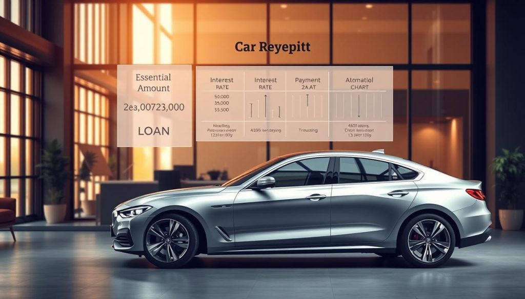 A detailed illustration of a car loan repayment process, featuring a sleek modern vehicle parked prominently in the foreground. In the middle, a clear, informative diagram depicts essential loan concepts: principal amount, interest rate, payment schedule, and amortization chart. The background should show a stylish office environment with a large window letting in warm, natural light, enhancing the professional atmosphere. Use a wide-angle perspective to capture the scene's depth, focusing on the vehicle and diagram as the primary subjects. The mood should be informative and engaging, suitable for a financial article. Ensure the image is devoid of any text or watermarks and emphasizes clarity and professionalism in the design. A detailed illustration of a car loan repayment process, featuring a sleek modern vehicle parked prominently in the foreground. In the middle, a clear, informative diagram depicts essential loan concepts: principal amount, interest rate, payment schedule, and amortization chart. The background should show a stylish office environment with a large window letting in warm, natural light, enhancing the professional atmosphere. Use a wide-angle perspective to capture the scene's depth, focusing on the vehicle and diagram as the primary subjects. The mood should be informative and engaging, suitable for a financial article. Ensure the image is devoid of any text or watermarks and emphasizes clarity and professionalism in the design.