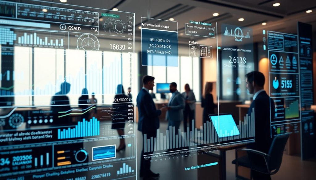 A detailed illustration of a complex credit scoring model, focusing on the concept of internal banking assessment metrics. In the foreground, show a sophisticated digital interface displaying graphs, numerical data, and algorithms, symbolizing the intricate calculations involved in credit evaluations. The middle ground should feature diverse bank employees in professional business attire engaged in discussions, analyzing data on screens. In the background, a modern bank interior with sleek architecture and soft lighting creates an inviting atmosphere. The overall mood is analytical yet collaborative. Use soft, diffused lighting to highlight the technological elements while casting gentle shadows for depth, emphasizing the contrast between human collaboration and data-driven decision-making.
