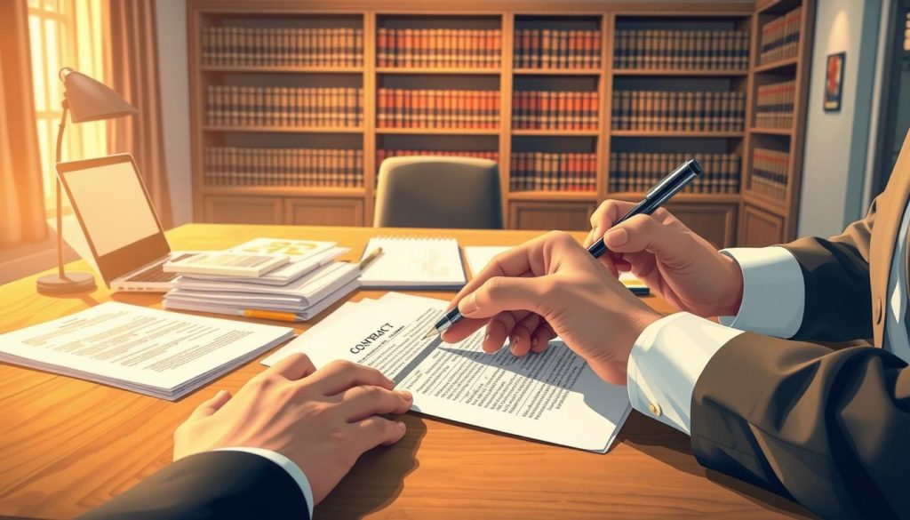 A detailed illustration of a professional contract review setting, emphasizing key elements of a contract for loan guarantee (對保). In the foreground, a close-up of a person's hands in professional attire, holding a pen and pointing to specific sections of a document, symbolizing careful examination. In the middle ground, a wooden desk sprawled with neatly organized papers, a laptop, and a calculator, showcasing a business environment. In the background, a softly lit room with bookshelves filled with legal texts, conveying an atmosphere of seriousness and focus. The lighting is warm and inviting, creating a sense of professionalism and trust. The overall mood is diligent and analytical, reflecting the importance of understanding critical contract terms. A detailed illustration of a professional contract review setting, emphasizing key elements of a contract for loan guarantee (對保). In the foreground, a close-up of a person's hands in professional attire, holding a pen and pointing to specific sections of a document, symbolizing careful examination. In the middle ground, a wooden desk sprawled with neatly organized papers, a laptop, and a calculator, showcasing a business environment. In the background, a softly lit room with bookshelves filled with legal texts, conveying an atmosphere of seriousness and focus. The lighting is warm and inviting, creating a sense of professionalism and trust. The overall mood is diligent and analytical, reflecting the importance of understanding critical contract terms.