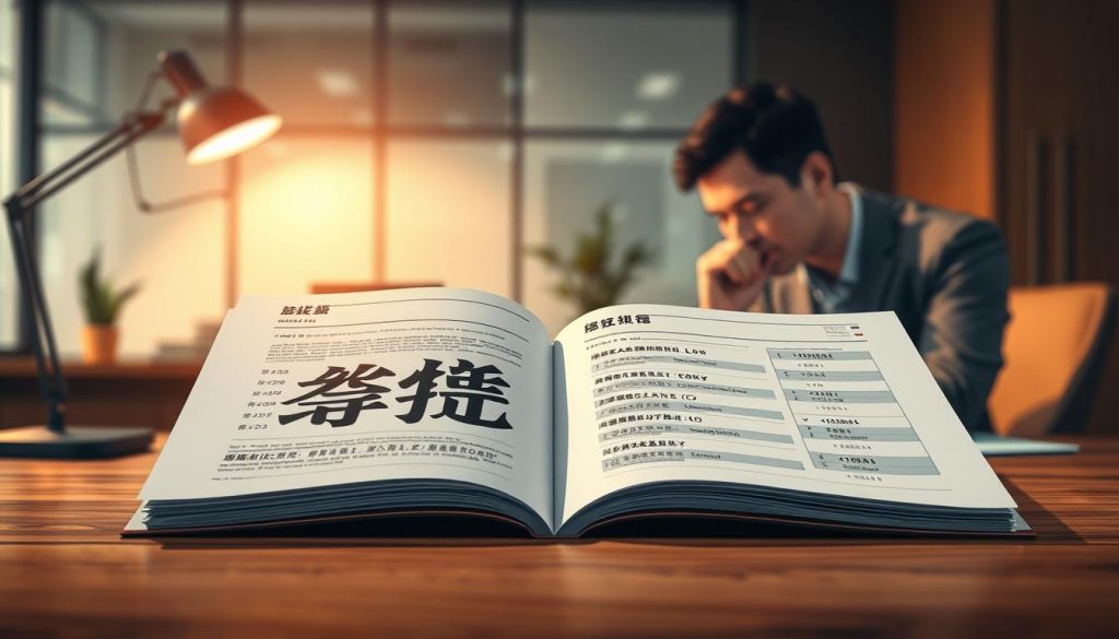 A detailed illustration of a "聯徵查詢紀錄" document prominently displayed on a wooden desk, with a blurred view of a modern office in the background. The foreground features the document, open with clear sections showing credit inquiry records and bank names in soft focus. To the side, a professional individual in business attire is reviewing the document, deep in thought. The lighting is warm and inviting, creating a serious yet approachable atmosphere, with soft shadows cast by a desk lamp. The angle is slightly elevated, providing a clear view of both the document and the person. The mood is one of contemplation, highlighting the importance of credit checks in loan approval processes.
