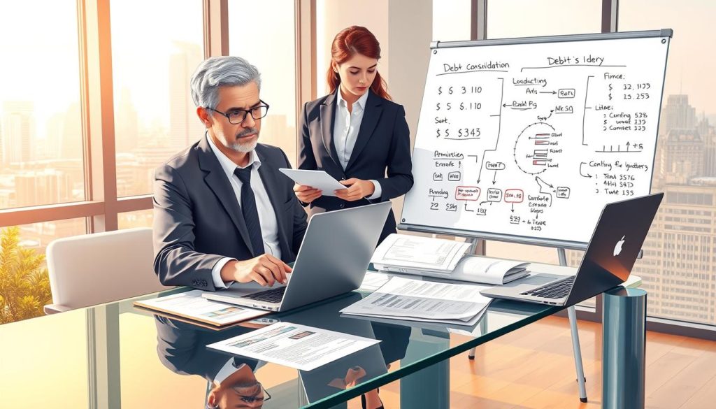 A detailed illustration of debt consolidation, showing a diverse group of three professionals in a modern office setting. The foreground features a middle-aged man in a suit analyzing financial documents on a sleek glass table, with a laptop displaying graphs behind him. In the middle ground, a woman in business casual attire points to a whiteboard filled with flowcharts and numbers, while another young professional takes notes. The background reveals large windows with a city skyline, bathed in warm afternoon light, creating an optimistic atmosphere. The scene conveys teamwork and financial planning, highlighting the systematic nature of debt consolidation with visual elements like calculators, charts, and financial reports, all rendered in high resolution.