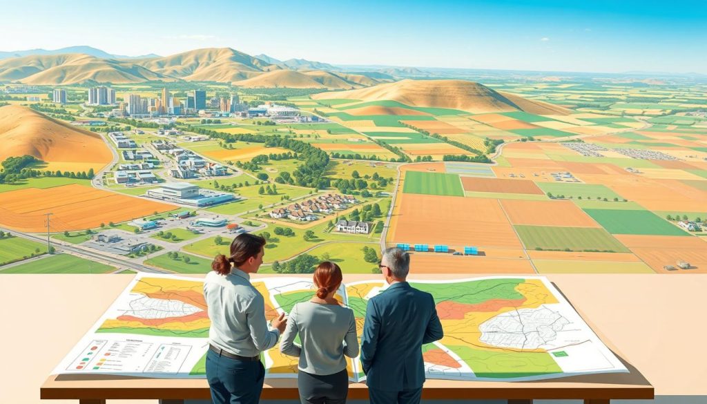 A detailed illustration of land use zoning, depicting a vibrant landscape with clearly marked zones for residential, commercial, and agricultural purposes. In the foreground, a small group of diverse professionals in business attire are discussing and examining a large, colorful land-use map spread out on a table. The middle background shows a panoramic view of different land areas: a bustling commercial zone with modern buildings, a serene residential area with houses and parks, and expansive agricultural fields under a clear blue sky. Soft natural lighting casts gentle shadows, and a slight tilt angle adds depth to the composition, emphasizing the interconnectedness of these zones. The overall atmosphere is professional and analytical, conveying the importance of land use regulation on financing possibilities.