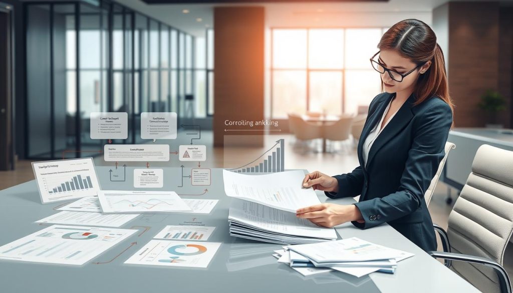 A detailed illustration of the concept of "credit logic" in a banking context. In the foreground, a professional businesswoman in a smart outfit is intently examining financial documents and graphs on a sleek, modern desk, highlighting her engagement with the material. In the middle, charts and diagrams depicting risk assessment and credit algorithms are arranged neatly, with arrows and flowcharts showing the decision-making process. The background shows a sophisticated bank office with large windows letting in soft, diffused natural light, creating a calm yet focused atmosphere. The image should evoke a sense of professionalism and meticulous attention to detail, emphasizing the analytical nature of banking credit logic. A detailed illustration of the concept of "credit logic" in a banking context. In the foreground, a professional businesswoman in a smart outfit is intently examining financial documents and graphs on a sleek, modern desk, highlighting her engagement with the material. In the middle, charts and diagrams depicting risk assessment and credit algorithms are arranged neatly, with arrows and flowcharts showing the decision-making process. The background shows a sophisticated bank office with large windows letting in soft, diffused natural light, creating a calm yet focused atmosphere. The image should evoke a sense of professionalism and meticulous attention to detail, emphasizing the analytical nature of banking credit logic.