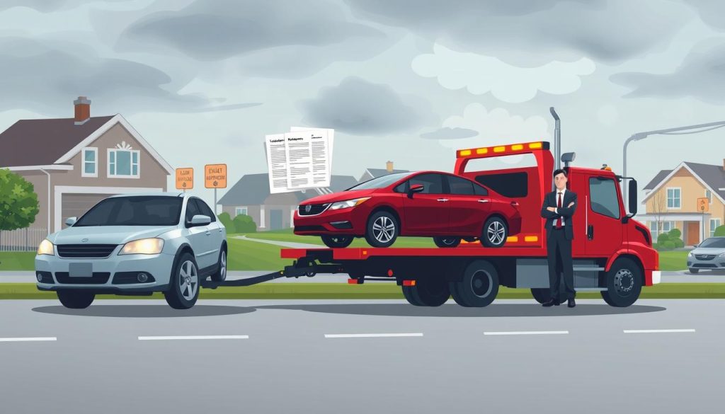 A detailed illustration of the "forced towing process" for vehicles under loan, depicting a clear, step-by-step flowchart style. In the foreground, show a car being towed, with a professional-looking tow truck and a serious but calm tow operator, dressed in business attire. In the middle, include visual elements representing legal documents, such as a loan agreement and an eviction notice, emphasizing the legal aspects involved. The background should feature a suburban street with clear signage indicating regulations and a cloudy sky to create a somber, serious atmosphere. The lighting should be soft but focused on the foreground, highlighting the tension and reality of the towing process without being dramatic. The overall mood should be informative and slightly somber, reflecting the legal implications of forced repossession. A detailed illustration of the "forced towing process" for vehicles under loan, depicting a clear, step-by-step flowchart style. In the foreground, show a car being towed, with a professional-looking tow truck and a serious but calm tow operator, dressed in business attire. In the middle, include visual elements representing legal documents, such as a loan agreement and an eviction notice, emphasizing the legal aspects involved. The background should feature a suburban street with clear signage indicating regulations and a cloudy sky to create a somber, serious atmosphere. The lighting should be soft but focused on the foreground, highlighting the tension and reality of the towing process without being dramatic. The overall mood should be informative and slightly somber, reflecting the legal implications of forced repossession.