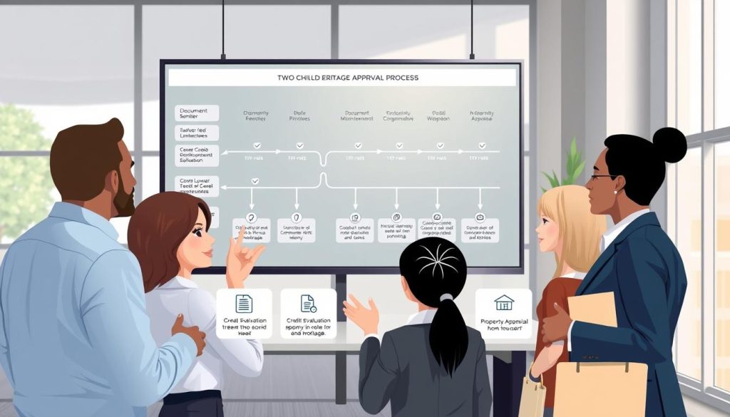 A detailed illustration of the two-child mortgage approval process, depicted in an organized flowchart style. The foreground features a diverse group of professionals in smart business attire discussing the pathway, gesturing towards key points on a large digital monitor displaying a detailed timeline and checklist. In the middle, various icons represent stages like document submission, credit evaluation, and property appraisal, all interconnected with arrows. The background shows a modern office environment with soft, natural lighting filtering through large windows, creating a professional and collaborative atmosphere. Emphasize clarity and orderliness, reflecting the systematic nature of the approval process. The overall mood should be focused and informative, inviting the audience to engage with the content visually.