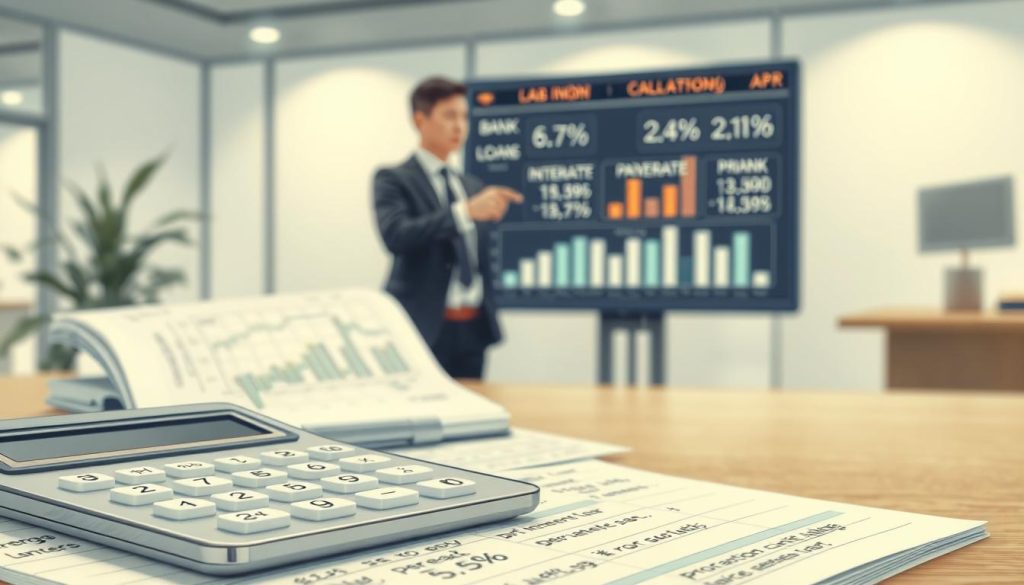 A detailed illustration representing the concept of "APR年百分率" in a financial context. In the foreground, a sleek calculator is partially open, displaying numbers related to interest rates. Surrounding it, a notepad filled with graphs and calculations about lending rates and loan comparisons. In the middle ground, there are blurred outlines of a professional in business attire pointing at a large screen showing fluctuating percentage rates and bar graphs, symbolizing bank and private lending differences. The background features a modern office with soft lighting, creating a focused and professional atmosphere. The image should convey clarity and seriousness, ideal for a financial article, with an emphasis on numbers and calculations without any text or distractions. A detailed illustration representing the concept of "APR年百分率" in a financial context. In the foreground, a sleek calculator is partially open, displaying numbers related to interest rates. Surrounding it, a notepad filled with graphs and calculations about lending rates and loan comparisons. In the middle ground, there are blurred outlines of a professional in business attire pointing at a large screen showing fluctuating percentage rates and bar graphs, symbolizing bank and private lending differences. The background features a modern office with soft lighting, creating a focused and professional atmosphere. The image should convey clarity and seriousness, ideal for a financial article, with an emphasis on numbers and calculations without any text or distractions.