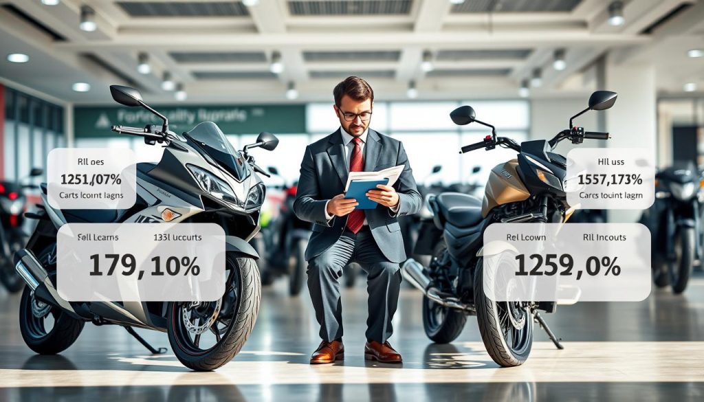 A detailed illustration showcasing the concept of "可貸額度" (available loan amounts) specifically in relation to new and old motorcycles. In the foreground, a split-screen view displays a modern, sleek motorcycle on one side and an older, classic model on the other. Both bikes are surrounded by floating infographics indicating their respective loan amounts and percentages. In the middle ground, a businessman in professional attire examines a financial document with a calculator, representing the assessment of loan conditions. The background features a well-lit motorcycle showroom, suggesting a vibrant atmosphere of finance and commerce. The scene captures a sense of clarity and professionalism, enhanced by natural lighting and a slightly angled view to emphasize the contrast between the new and old motorcycles. A detailed illustration showcasing the concept of "可貸額度" (available loan amounts) specifically in relation to new and old motorcycles. In the foreground, a split-screen view displays a modern, sleek motorcycle on one side and an older, classic model on the other. Both bikes are surrounded by floating infographics indicating their respective loan amounts and percentages. In the middle ground, a businessman in professional attire examines a financial document with a calculator, representing the assessment of loan conditions. The background features a well-lit motorcycle showroom, suggesting a vibrant atmosphere of finance and commerce. The scene captures a sense of clarity and professionalism, enhanced by natural lighting and a slightly angled view to emphasize the contrast between the new and old motorcycles.