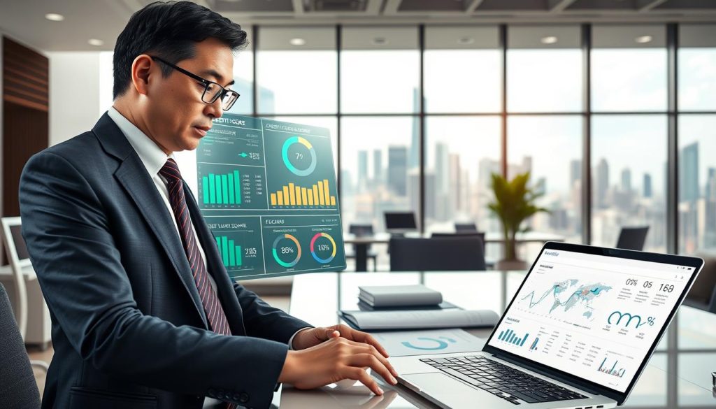 A detailed image illustrating the concept of "聯徵查詢" (credit inquiry) in the context of personal credit loans. In the foreground, depict a professional businessperson, a middle-aged Asian male in a suit, analyzing a large digital display showing various credit score metrics and charts. In the middle ground, include a modern office setting with a sleek desk, financial reports, and a laptop open with visual data analytics. In the background, large glass windows reveal a bustling cityscape, symbolizing the financial environment. Use soft, natural lighting to create a calm yet focused atmosphere, emphasizing a sense of professionalism and trust. The angle should be slightly elevated, capturing the depth of the workspace. A detailed image illustrating the concept of "聯徵查詢" (credit inquiry) in the context of personal credit loans. In the foreground, depict a professional businessperson, a middle-aged Asian male in a suit, analyzing a large digital display showing various credit score metrics and charts. In the middle ground, include a modern office setting with a sleek desk, financial reports, and a laptop open with visual data analytics. In the background, large glass windows reveal a bustling cityscape, symbolizing the financial environment. Use soft, natural lighting to create a calm yet focused atmosphere, emphasizing a sense of professionalism and trust. The angle should be slightly elevated, capturing the depth of the workspace.