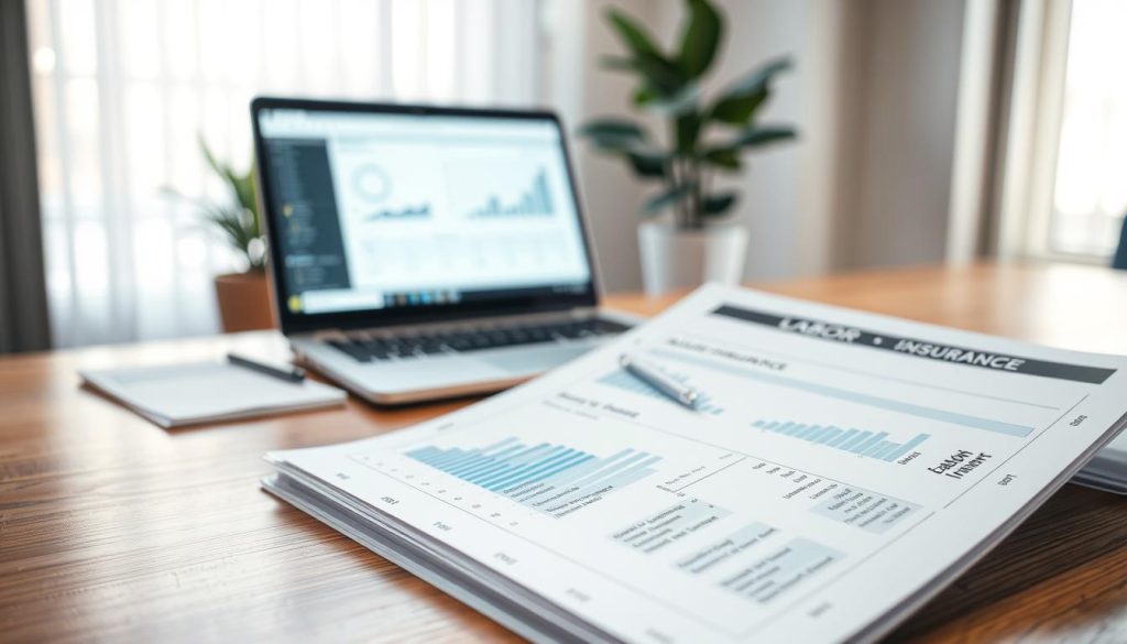 A detailed image of a labor insurance detail sheet, prominently displayed on a wooden desk in a modern office setting. In the foreground, the sheet is meticulously arranged, showing graphs and numbers in an organized manner, illuminated by soft, natural light coming from a nearby window. The middle ground features a sleek laptop open to a professional document editing program. In the background, blurred out just enough to keep focus on the detail sheet, a potted plant adds a touch of greenery to the office. The atmosphere is calm and professional, conveying a sense of organization and focus, ideal for an article about financial processes.