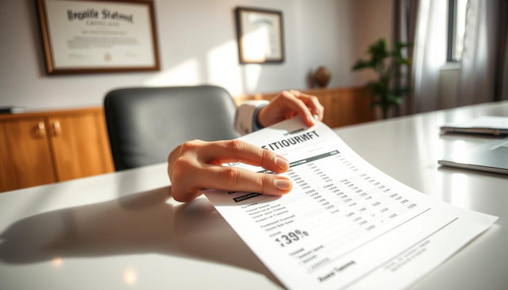A detailed income statement shown on a clean, professional desk in an office environment. The foreground features the income proof document prominently, with clear headings and organized sections, reflecting figures and stability. In the middle, a pair of hands in formal attire are reviewing the document, hinting at preparation and seriousness. The background includes a softly blurred office setting with a framed certificate on the wall to suggest professionalism. Soft, natural lighting streams through a nearby window, creating an inviting atmosphere. The focus is sharp on the document and hands while the surroundings maintain a warm, subdued tone. The mood conveys effort and commitment to financial preparedness, essential for career stability.
