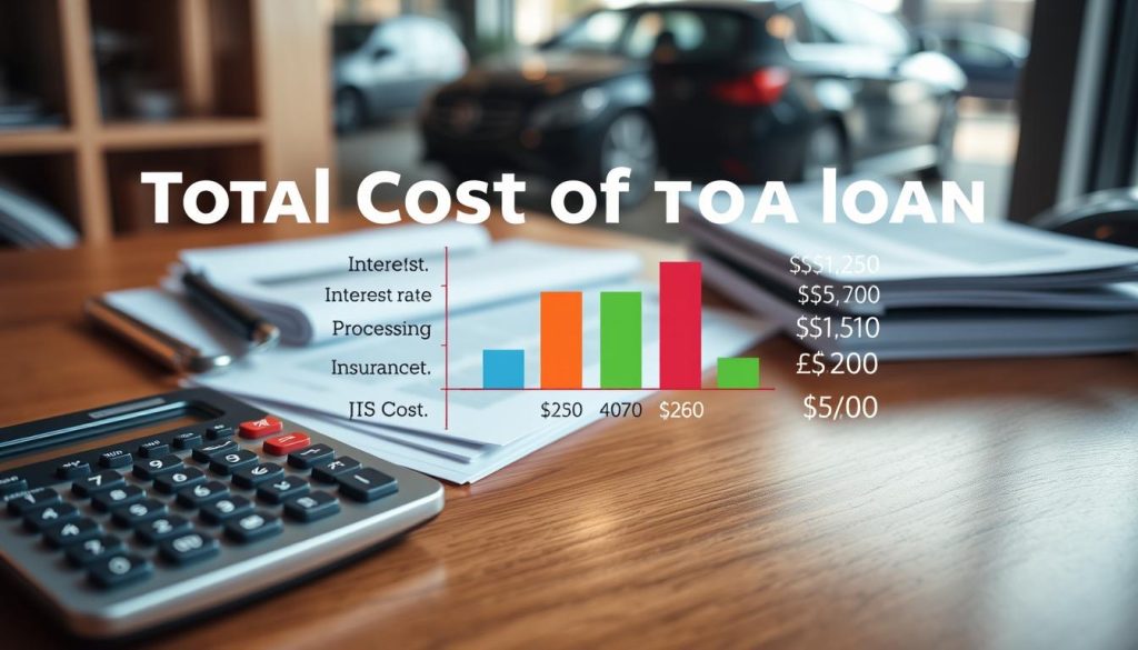 A detailed infographic depicting the total cost of an auto loan, showcasing various components such as interest rates, processing fees, insurance, and registration costs. In the foreground, a calculator and financial documents are arranged neatly on a wooden desk, reflecting a sense of organization. The middle section features a bar graph comparing different costs associated with the loan, with vibrant colors for clarity and impact. The background shows a blurred image of a car dealership, hinting at the environment where auto loans are acquired. Natural lighting illuminates the scene, creating a warm and professional atmosphere. The overall mood is informative and business-focused, suitable for illustrating financial discussions. A detailed infographic depicting the total cost of an auto loan, showcasing various components such as interest rates, processing fees, insurance, and registration costs. In the foreground, a calculator and financial documents are arranged neatly on a wooden desk, reflecting a sense of organization. The middle section features a bar graph comparing different costs associated with the loan, with vibrant colors for clarity and impact. The background shows a blurred image of a car dealership, hinting at the environment where auto loans are acquired. Natural lighting illuminates the scene, creating a warm and professional atmosphere. The overall mood is informative and business-focused, suitable for illustrating financial discussions.