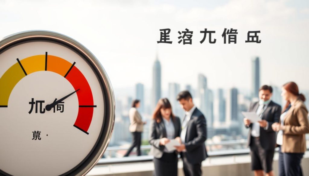 A detailed infographic illustrating the concept of "信用評分" (credit score) within the Taiwanese financial context. In the foreground, depict a stylized credit score gauge or meter, showing a low score with vibrant colors like red and orange to signify caution. In the middle ground, include diverse professionals in business attire, engaged in discussion or examining documents, to symbolize the relevance of credit scores in personal finance. The background should feature a skyline of modern Taipei, suggesting a bustling financial environment. Use soft, natural lighting to create a professional atmosphere, with a slight depth of field to focus on the credit score gauge. The overall mood should be serious yet hopeful, highlighting potential opportunities despite low scores. A detailed infographic illustrating the concept of "信用評分" (credit score) within the Taiwanese financial context. In the foreground, depict a stylized credit score gauge or meter, showing a low score with vibrant colors like red and orange to signify caution. In the middle ground, include diverse professionals in business attire, engaged in discussion or examining documents, to symbolize the relevance of credit scores in personal finance. The background should feature a skyline of modern Taipei, suggesting a bustling financial environment. Use soft, natural lighting to create a professional atmosphere, with a slight depth of field to focus on the credit score gauge. The overall mood should be serious yet hopeful, highlighting potential opportunities despite low scores.
