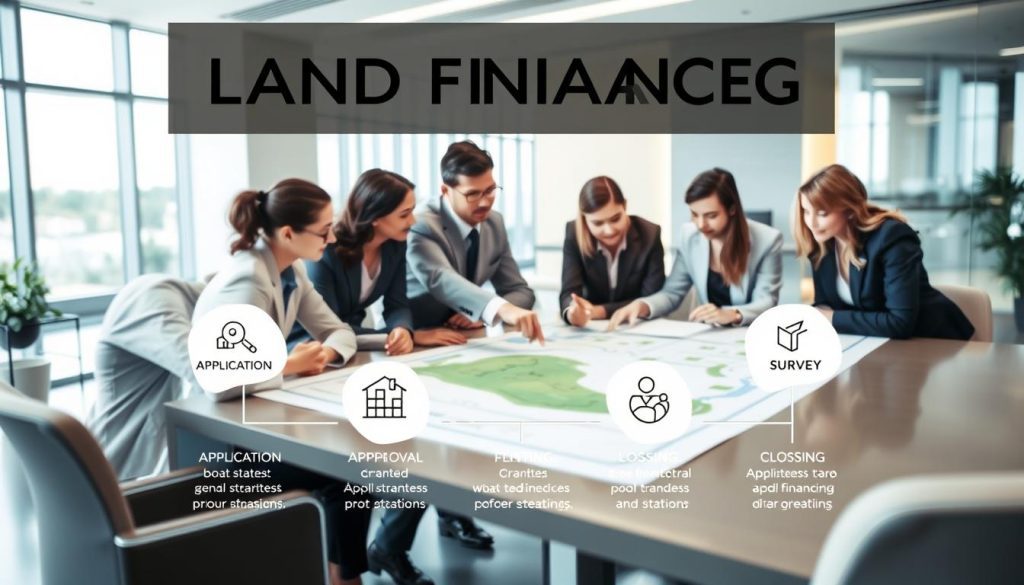 A detailed infographic illustrating the steps involved in obtaining land financing, focused on a professional aesthetic. In the foreground, a diverse group of business professionals in professional attire is gathered around a modern conference table, actively discussing and pointing at a large blueprint of land. In the middle ground, various icons representing different steps, such as "Application," "Approval," "Survey," and "Closing," are arranged in a flowchart-like manner, each clearly defined and visually distinct. The background features a bright, contemporary office with large windows letting in natural light, enhancing an atmosphere of optimism and collaboration. The image is well-lit to emphasize clarity and understanding, employing a shallow depth of field to draw focus on the professionals and the flowchart details without any distracting elements. A detailed infographic illustrating the steps involved in obtaining land financing, focused on a professional aesthetic. In the foreground, a diverse group of business professionals in professional attire is gathered around a modern conference table, actively discussing and pointing at a large blueprint of land. In the middle ground, various icons representing different steps, such as "Application," "Approval," "Survey," and "Closing," are arranged in a flowchart-like manner, each clearly defined and visually distinct. The background features a bright, contemporary office with large windows letting in natural light, enhancing an atmosphere of optimism and collaboration. The image is well-lit to emphasize clarity and understanding, employing a shallow depth of field to draw focus on the professionals and the flowchart details without any distracting elements.