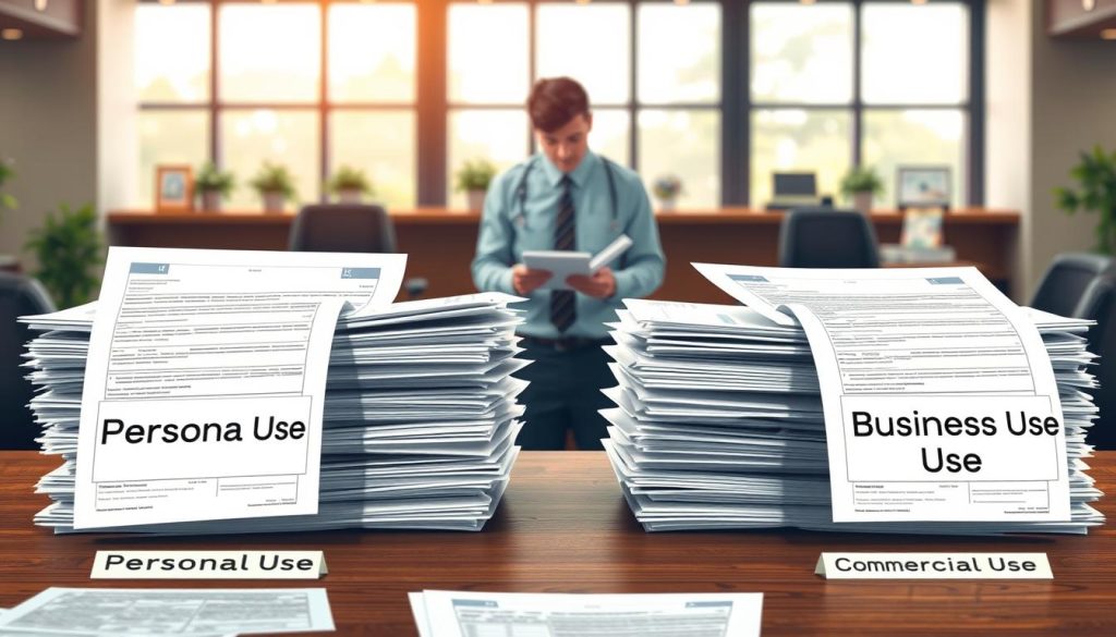 A detailed, informative illustration of the car loan process, visually emphasizing the differences in documentation between personal and commercial vehicle applications. In the foreground, depict a neatly organized desk with stacks of paperwork labeled for "Personal Use" and "Business Use," each with different types of documents clearly visible, such as income verification and tax forms. In the middle ground, have a professional person in business attire analyzing the documents, showcasing the examination process. The background features a modern bank setting with a large window letting in soft, natural light, creating a calm and serious atmosphere. Use a slight angle to emphasize depth, and ensure the overall mood conveys professionalism and clarity, suitable for an informative article.
