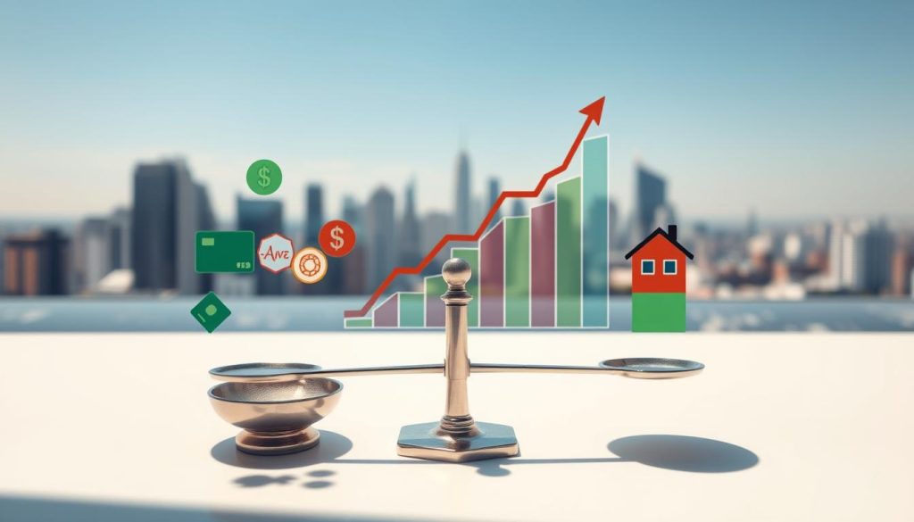 A detailed, informative scene depicting the concept of "負債比" (Debt Ratio). In the foreground, a balanced scale symbolizes the weighing of various debts, with icons representing credit cards, loans, and mortgages on each side. In the middle ground, an abstract graph illustrates rising debt levels in a visually engaging way, incorporating colors like red for risk and green for stable finances. The background features a city skyline, suggesting a bustling urban environment, under a clear blue sky, symbolizing opportunity amidst financial challenges. The lighting is bright yet soft, casting gentle shadows to create depth. The mood is analytical yet hopeful, inviting viewers to reflect on managing multiple debts efficiently. Focus on clarity and professionalism, with no text or distractions.
