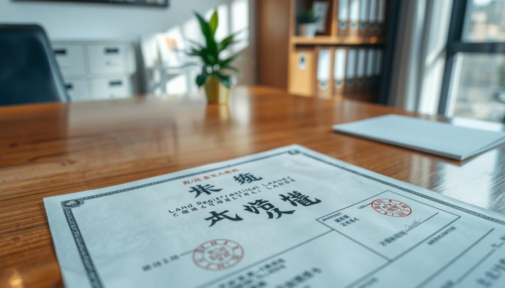 A detailed land registration document, "土地登記謄本," prominently displayed in the foreground, featuring authentic seals and official signatures. The paper is laid on a polished wooden desk, reflecting a warm, inviting atmosphere. In the middle background, a modern office setting is visible, with a neatly organized filing cabinet and a potted plant adding a touch of greenery. Soft, natural light filters in through a window, creating gentle shadows that enhance the document’s texture. The angle is slightly overhead, providing a clear view of the document while also capturing elements of the office environment, evoking a sense of professionalism and diligence in the process of securing loans against ancestral land. Overall mood: focused and serious, suggesting careful consideration before making financial decisions.
