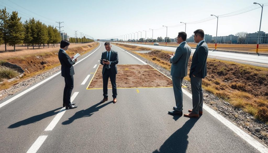 A detailed landscape view illustrating "臨路條件" in a real estate context, featuring a road with clear accessibility to a plot of land. In the foreground, a small group of professionals in business attire analyzes the site, using clipboards and measuring tools. The middle ground showcases the land's dimensions with various terrain types, including flat and slightly elevated areas, outlined by measurement markers. The background should include a well-maintained road aligned with visible traffic signs and nearby buildings, hinting at urban development. The lighting is bright and natural, suggesting a sunny day, casting soft shadows to enhance the scene's clarity. The atmosphere conveys professionalism and focus on development potential, with an overall composed and thoughtful mood.