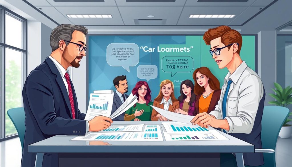 A detailed, layered illustration representing the logic behind car loan approval processes. In the foreground, a professional financial advisor reviewing documents with a computer on a sleek desk, surrounded by graphs and charts illustrating credit scores and loan terms. In the middle, a diverse group of potential borrowers of various ages and backgrounds, discussing their financial options, with expressions of curiosity and concern. The background features a modern bank office, displaying reassuring colors like blue and green, with large windows letting in soft, natural light. The mood should convey professionalism and approachability, inviting viewers to understand the complex factors involved in car loan approvals. Use a slightly elevated angle to capture both the advisor and clients effectively, ensuring a clear focus on the interactions and tools. A detailed, layered illustration representing the logic behind car loan approval processes. In the foreground, a professional financial advisor reviewing documents with a computer on a sleek desk, surrounded by graphs and charts illustrating credit scores and loan terms. In the middle, a diverse group of potential borrowers of various ages and backgrounds, discussing their financial options, with expressions of curiosity and concern. The background features a modern bank office, displaying reassuring colors like blue and green, with large windows letting in soft, natural light. The mood should convey professionalism and approachability, inviting viewers to understand the complex factors involved in car loan approvals. Use a slightly elevated angle to capture both the advisor and clients effectively, ensuring a clear focus on the interactions and tools.