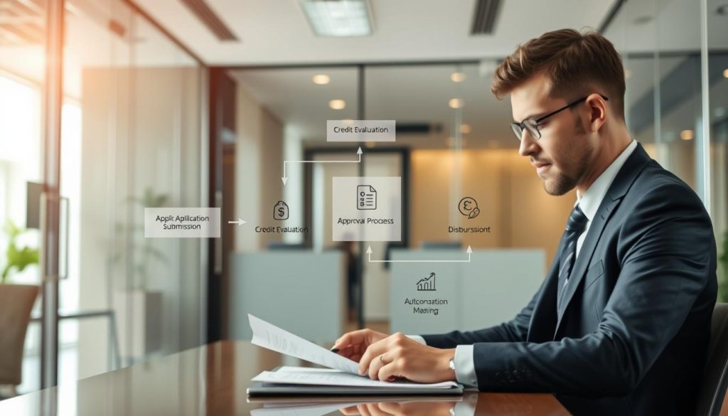 A detailed overview of a bank loan application process, structured visually. In the foreground, a professional businessperson in formal attire is examining documents at a desk, showcasing diligence. In the middle ground, a flowchart illustrates key steps like "Application Submission," "Credit Evaluation," "Approval Process," and "Disbursement," with arrows connecting each stage and icons representing evaluations and decisions. In the background, a modern bank office with glass walls and soft lighting conveys a professional atmosphere. Natural light filters in, creating a calm yet focused mood. The overall color palette is warm and inviting, emphasizing trust and stability without any text overlays or distractions.